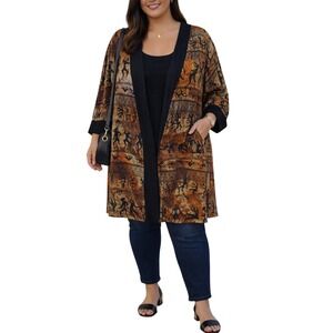 Sequel Vintage Tribal Print Cardigan Jacket Rust Brown Black Shawl Collar-20W